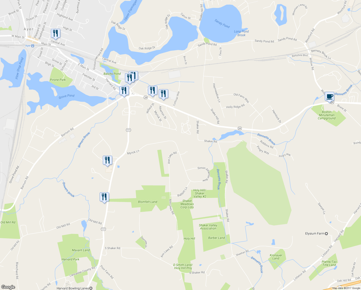 map of restaurants, bars, coffee shops, grocery stores, and more near 55 Myrick Lane in Harvard