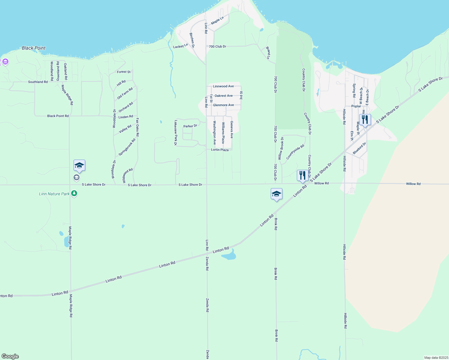 map of restaurants, bars, coffee shops, grocery stores, and more near W3650 South Lake Shore Drive in Lake Geneva