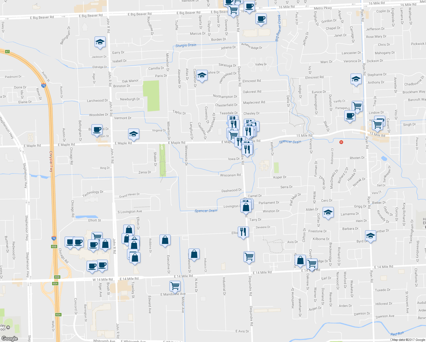 map of restaurants, bars, coffee shops, grocery stores, and more near 2801 Wisconsin Rd in Troy