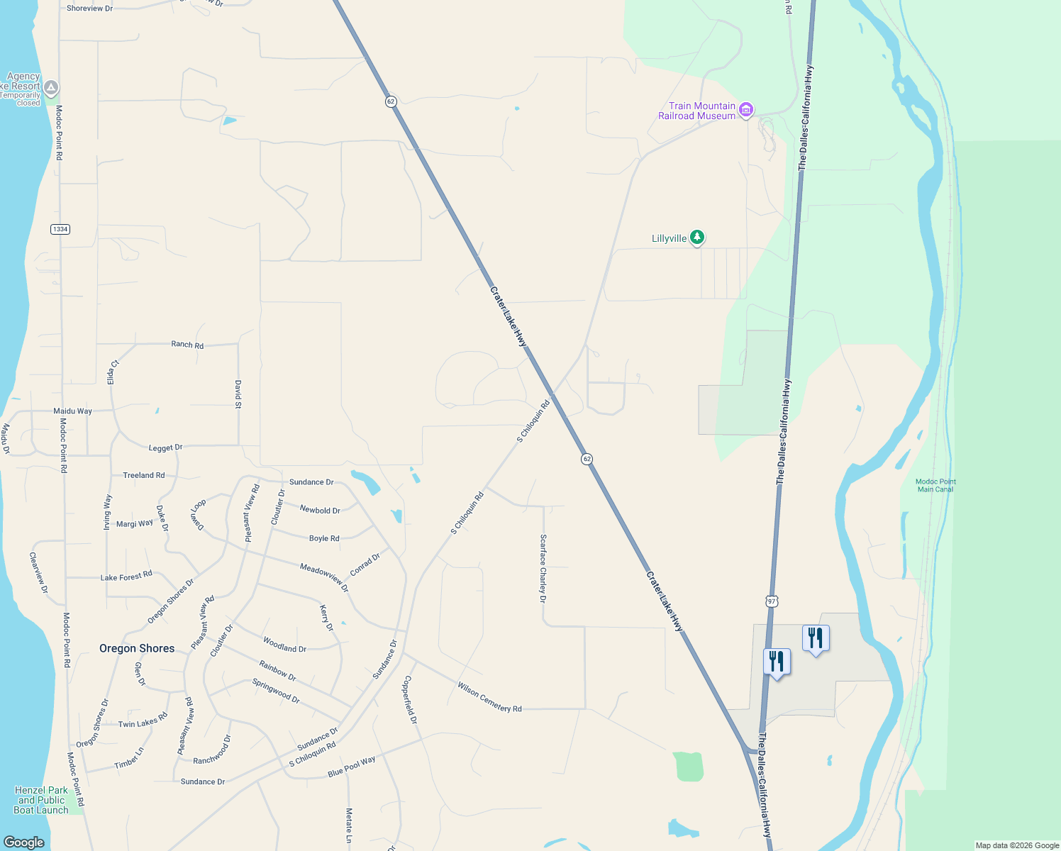 map of restaurants, bars, coffee shops, grocery stores, and more near 35503 South Chiloquin Road in Chiloquin