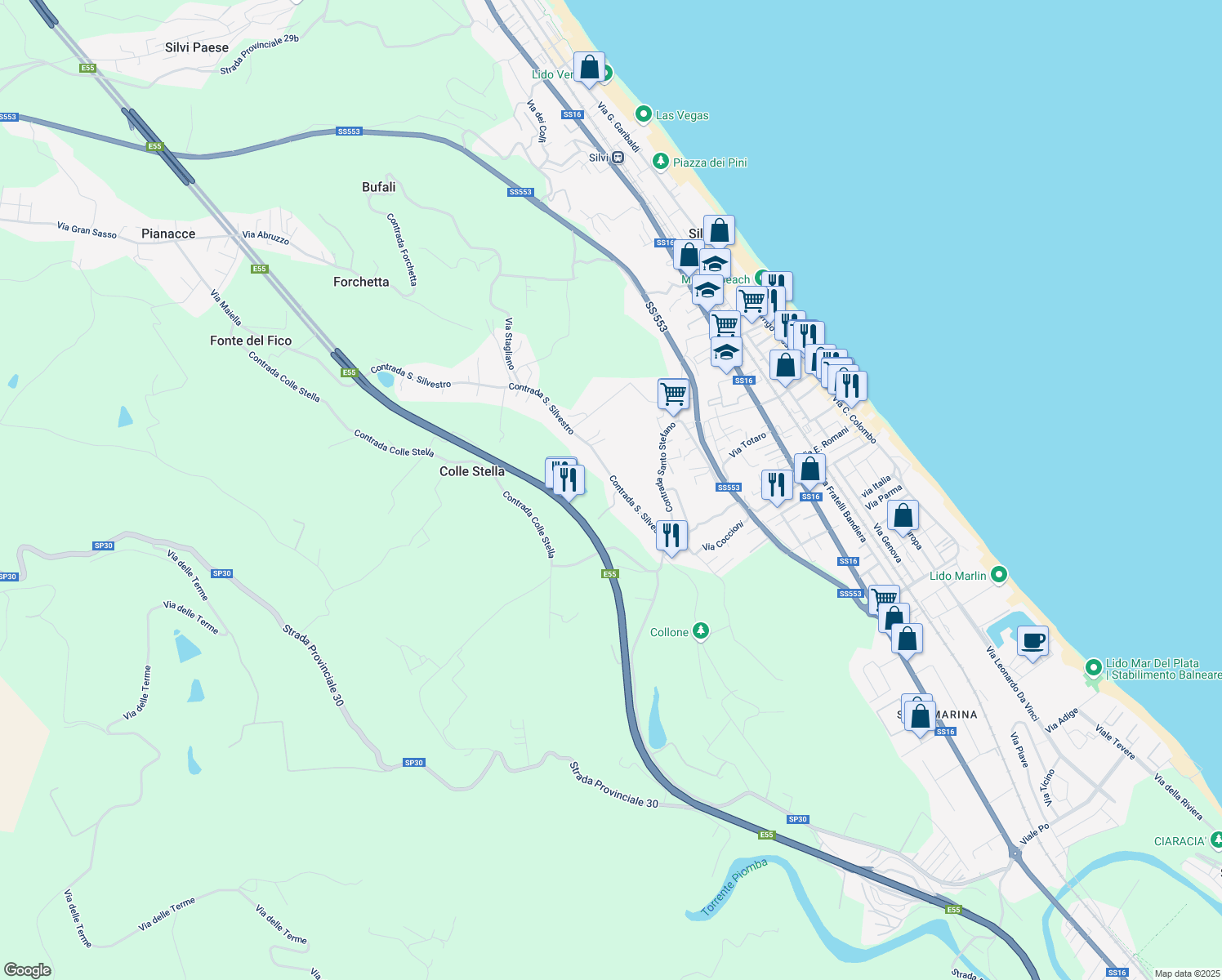 map of restaurants, bars, coffee shops, grocery stores, and more near 11 Contrada San Silvestro in Silvi