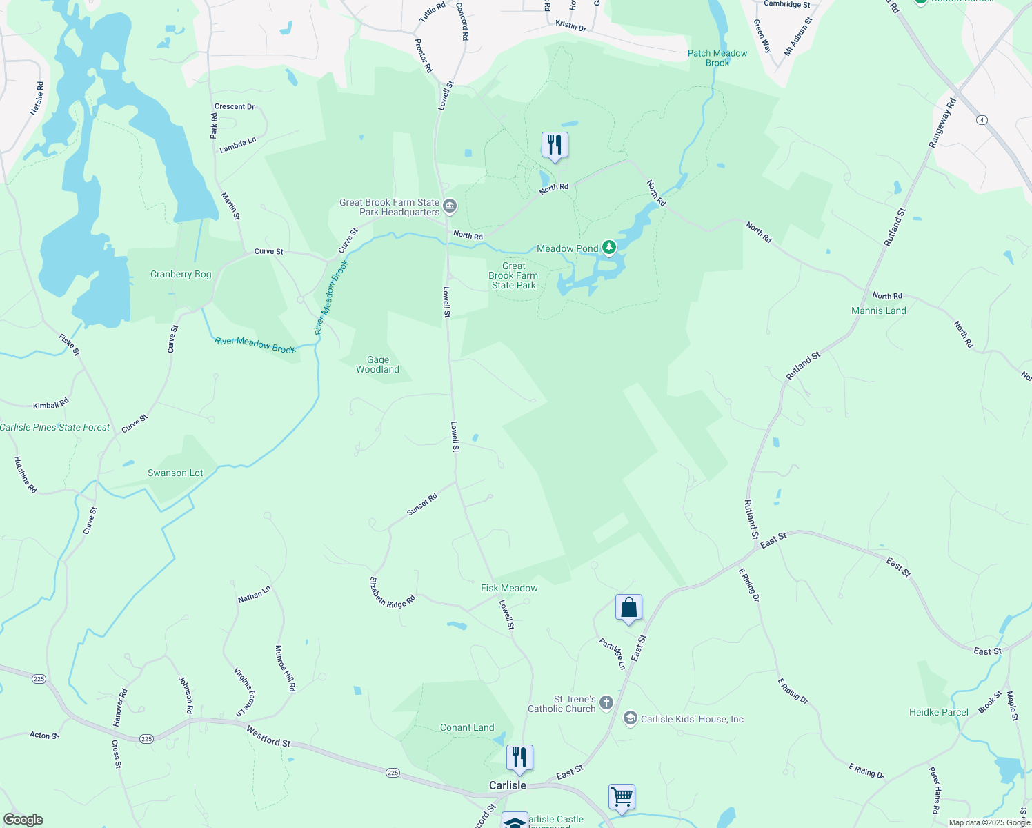 map of restaurants, bars, coffee shops, grocery stores, and more near 152 Wolf Rock Road in Carlisle