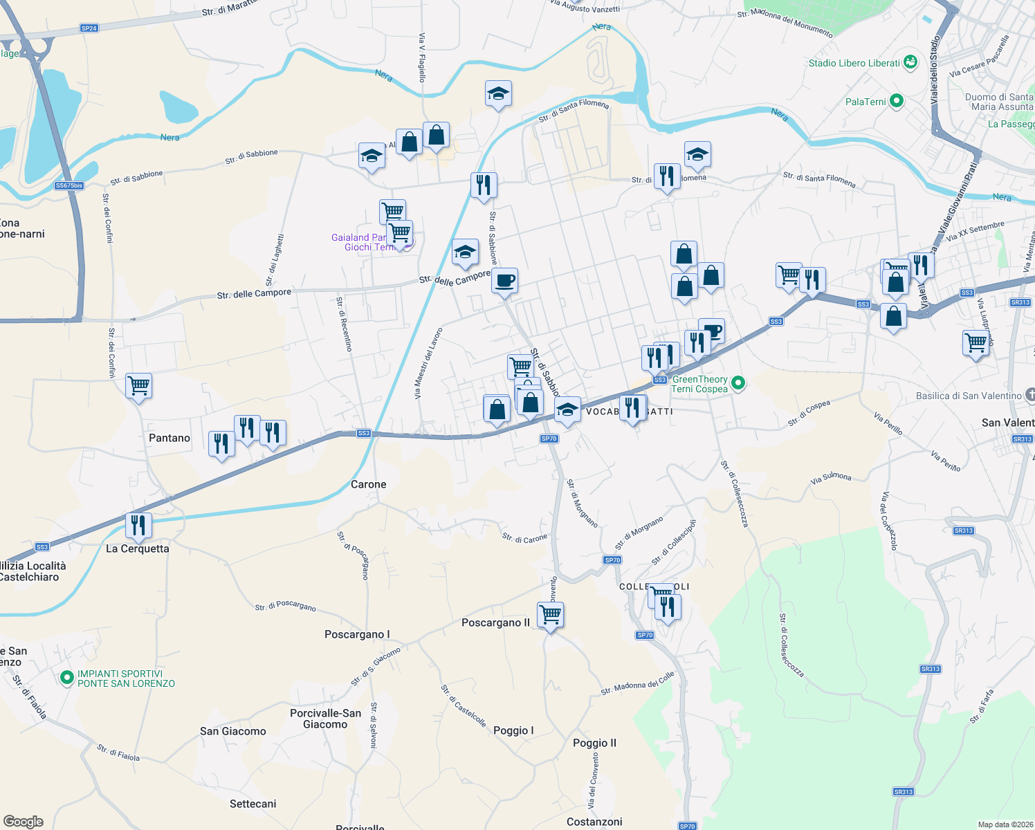 map of restaurants, bars, coffee shops, grocery stores, and more near 115 Via Narni in Terni