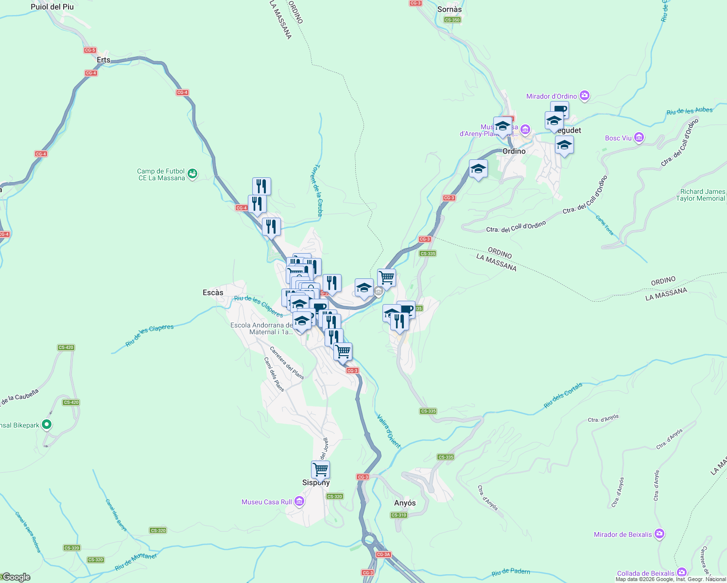 map of restaurants, bars, coffee shops, grocery stores, and more near Camí Heliport in La Massana