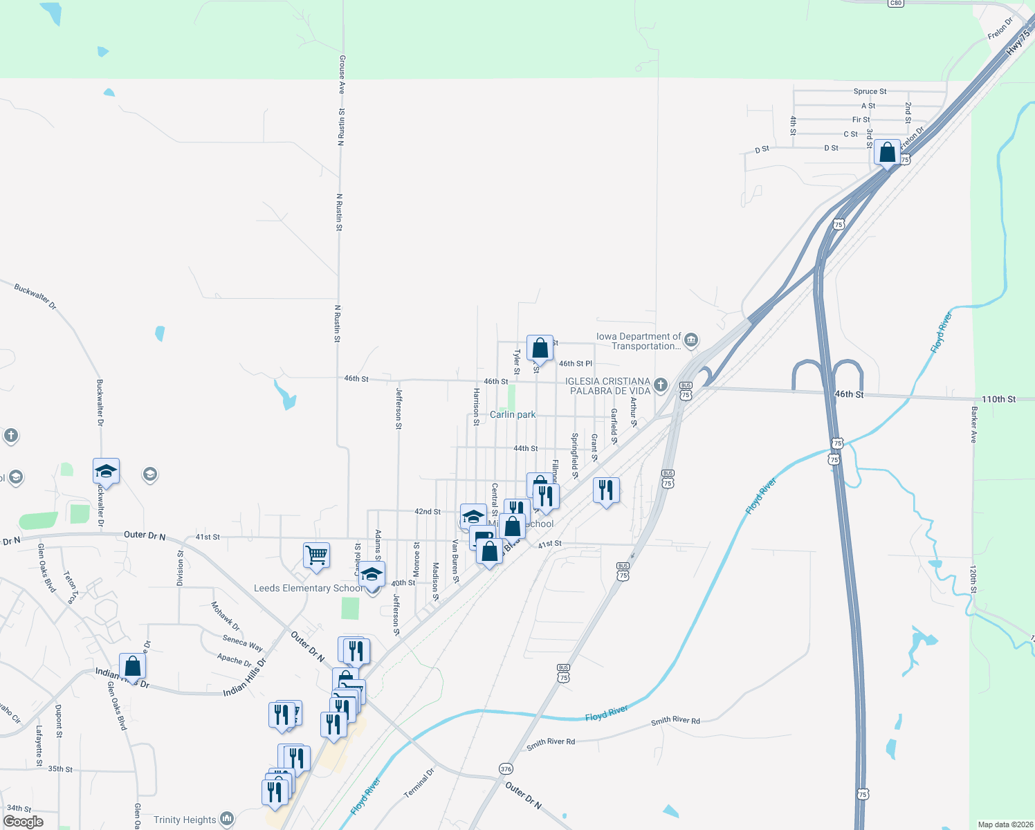 map of restaurants, bars, coffee shops, grocery stores, and more near 4498 Tyler Street in Sioux City