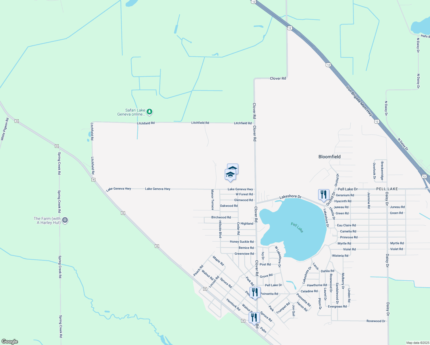 map of restaurants, bars, coffee shops, grocery stores, and more near W1438 Lake Geneva Highway in Lake Geneva