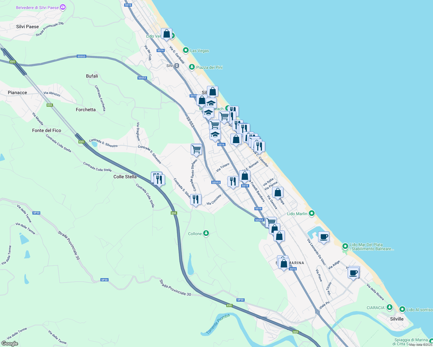 map of restaurants, bars, coffee shops, grocery stores, and more near 15 Via Totaro in Silvi