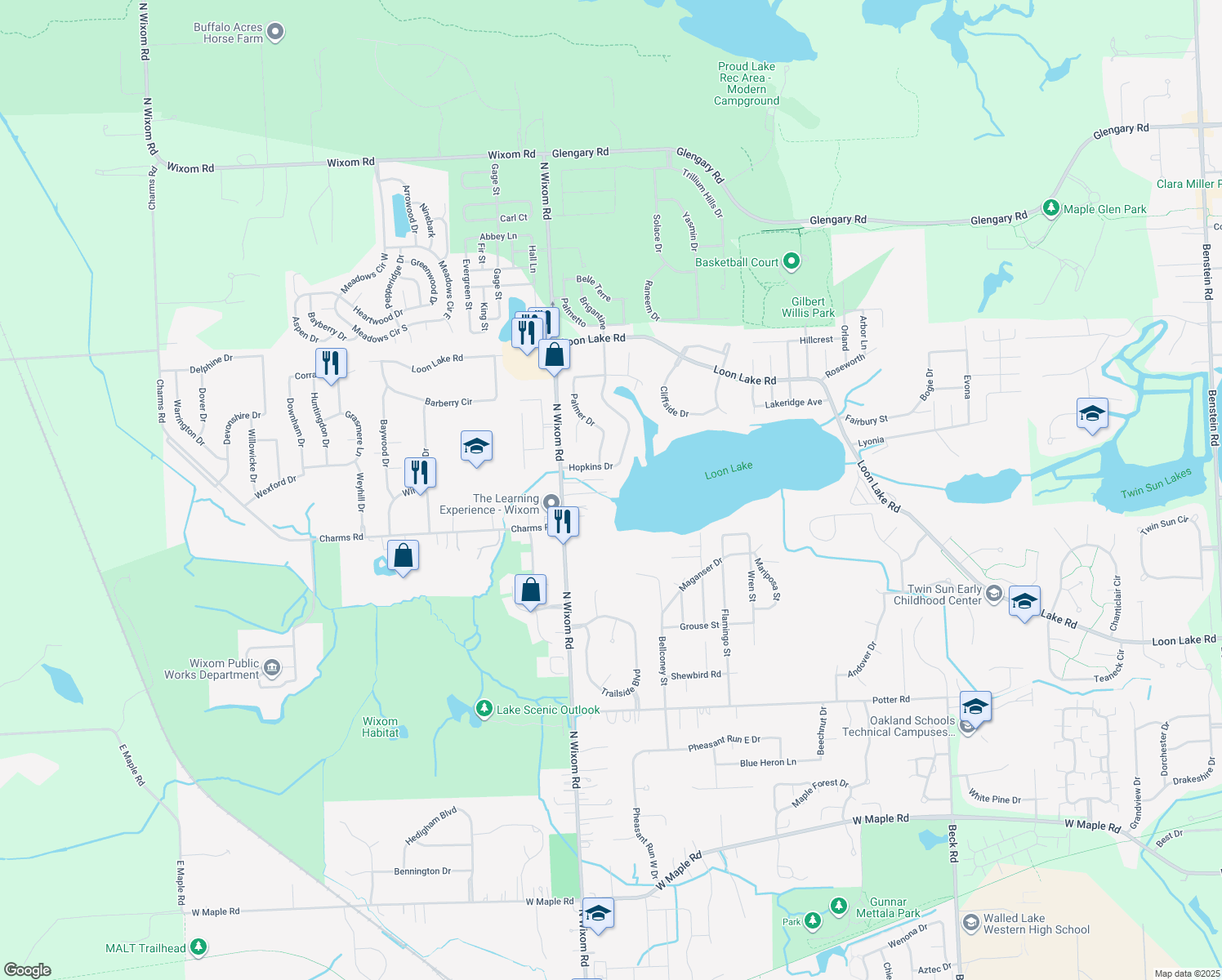 map of restaurants, bars, coffee shops, grocery stores, and more near 1748 N Wixom Rd in Wixom