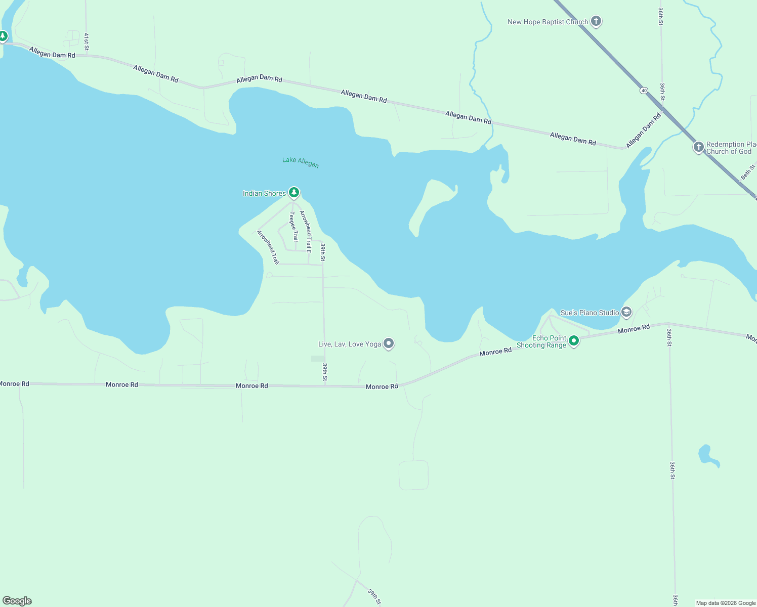 map of restaurants, bars, coffee shops, grocery stores, and more near 3883 Forest Trail in Allegan