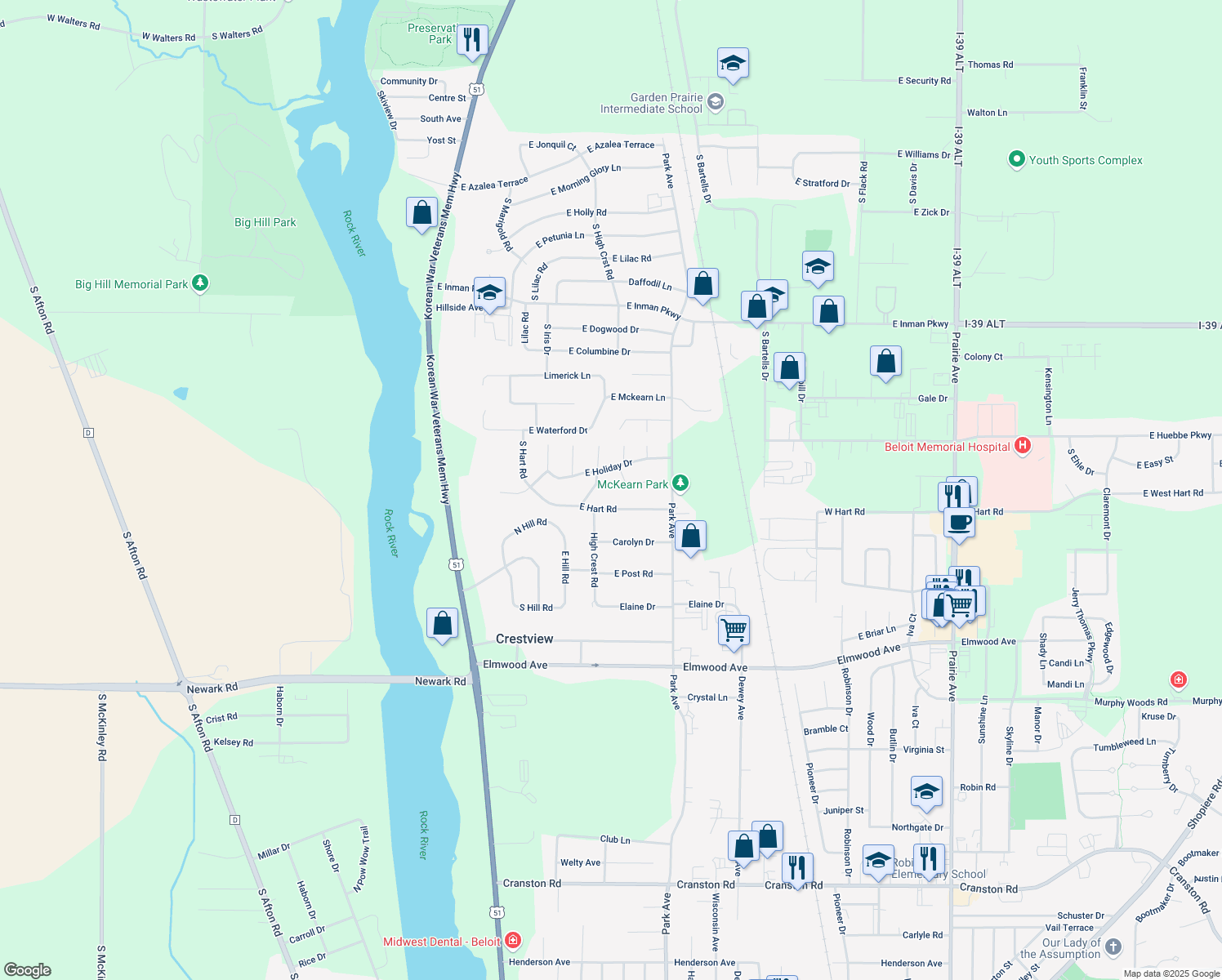 map of restaurants, bars, coffee shops, grocery stores, and more near 2722 S Nakoma Ct in Beloit