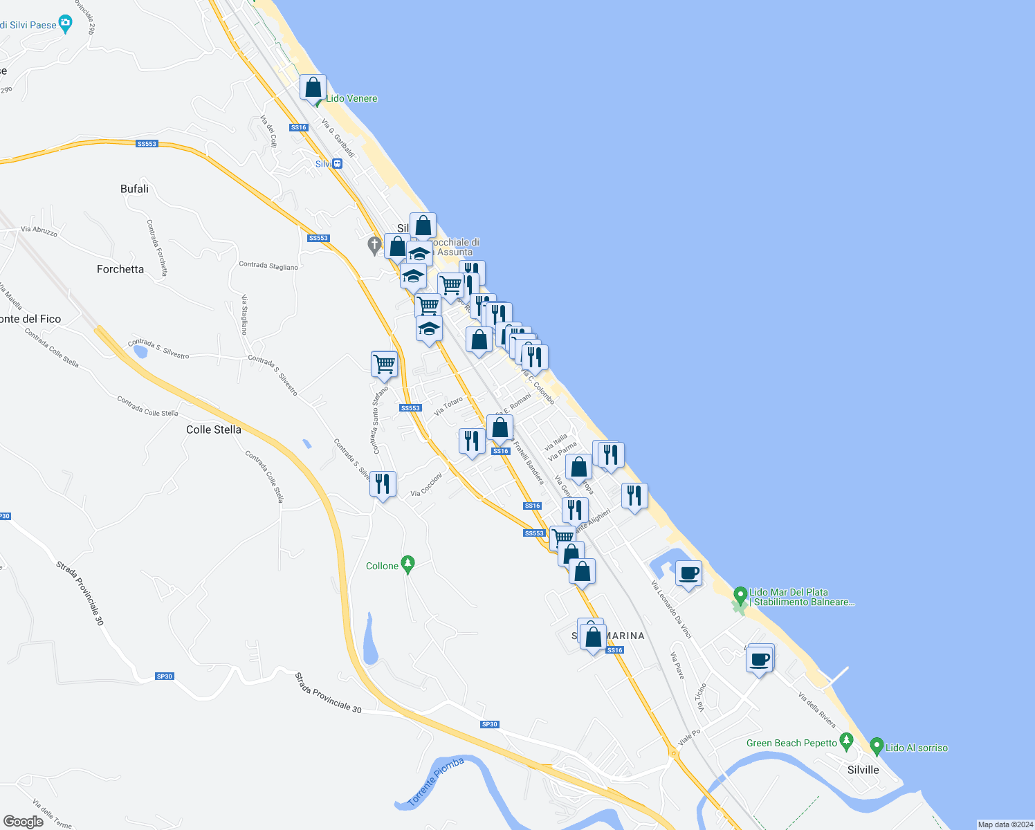 map of restaurants, bars, coffee shops, grocery stores, and more near 37 Via Bindi in Silvi