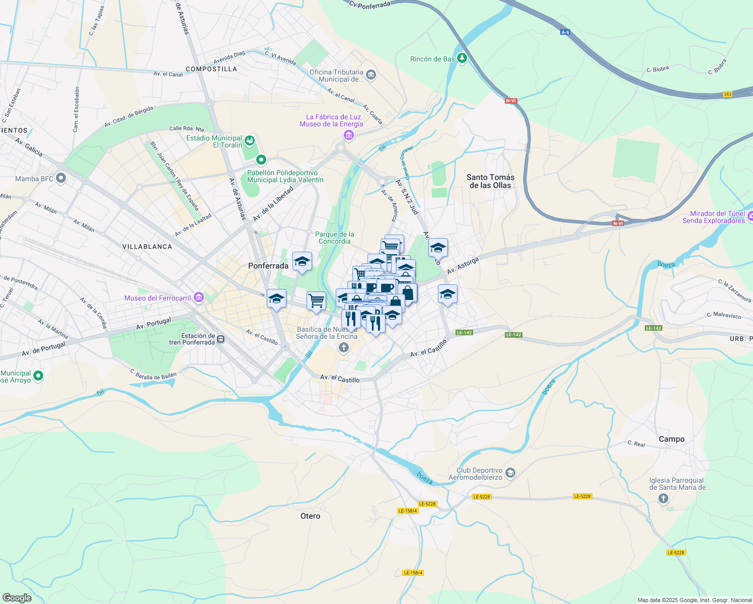 map of restaurants, bars, coffee shops, grocery stores, and more near 24 Calle General Vives in Ponferrada