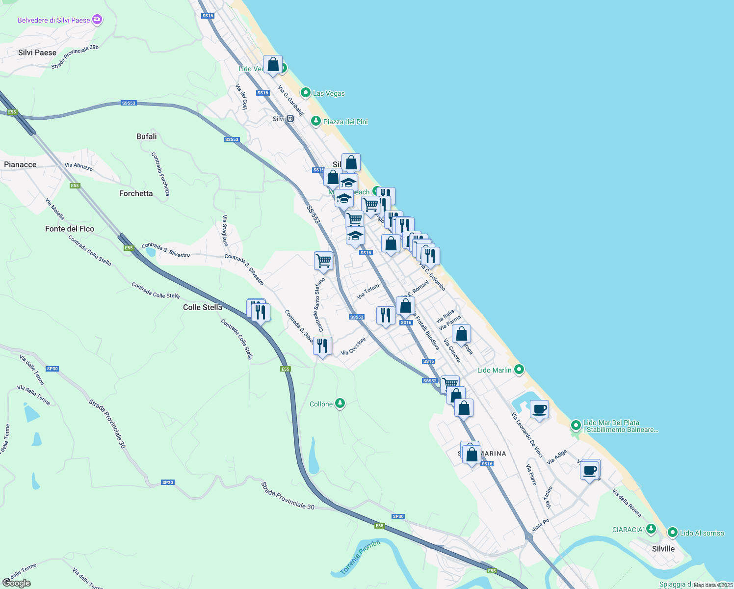map of restaurants, bars, coffee shops, grocery stores, and more near 15 Via Totaro in Silvi