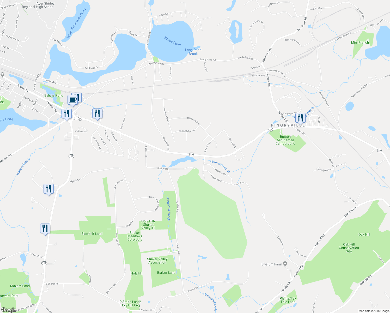 map of restaurants, bars, coffee shops, grocery stores, and more near 91 Littleton Road in Ayer
