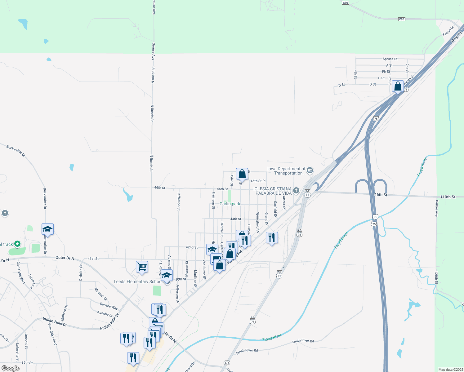map of restaurants, bars, coffee shops, grocery stores, and more near 4616 Tyler Street in Sioux City