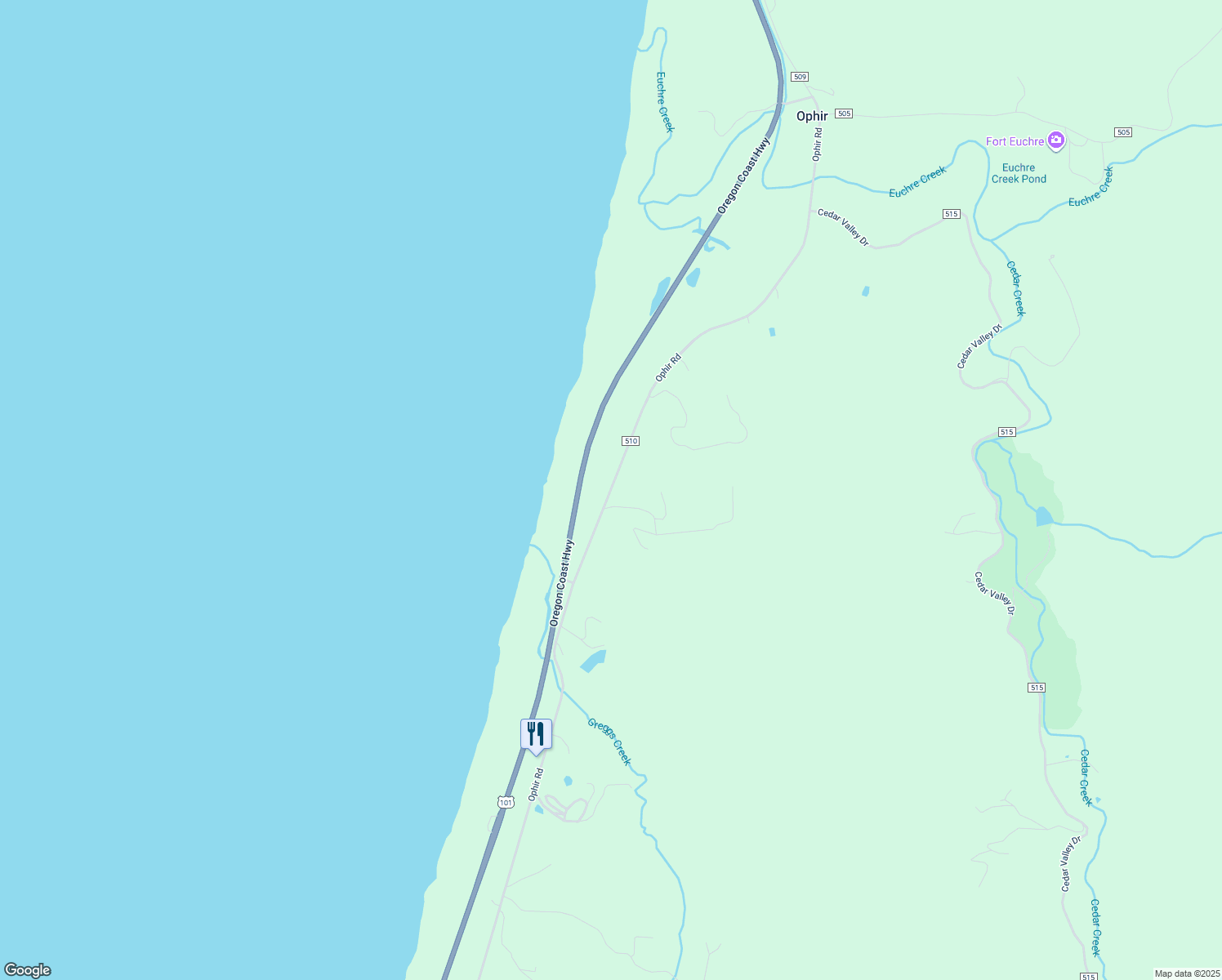 map of restaurants, bars, coffee shops, grocery stores, and more near 34493 Ophir Road in Gold Beach