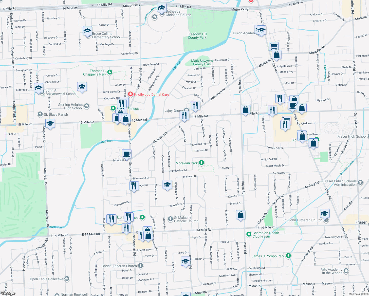 map of restaurants, bars, coffee shops, grocery stores, and more near 34347 Peppermil Court in Sterling Heights