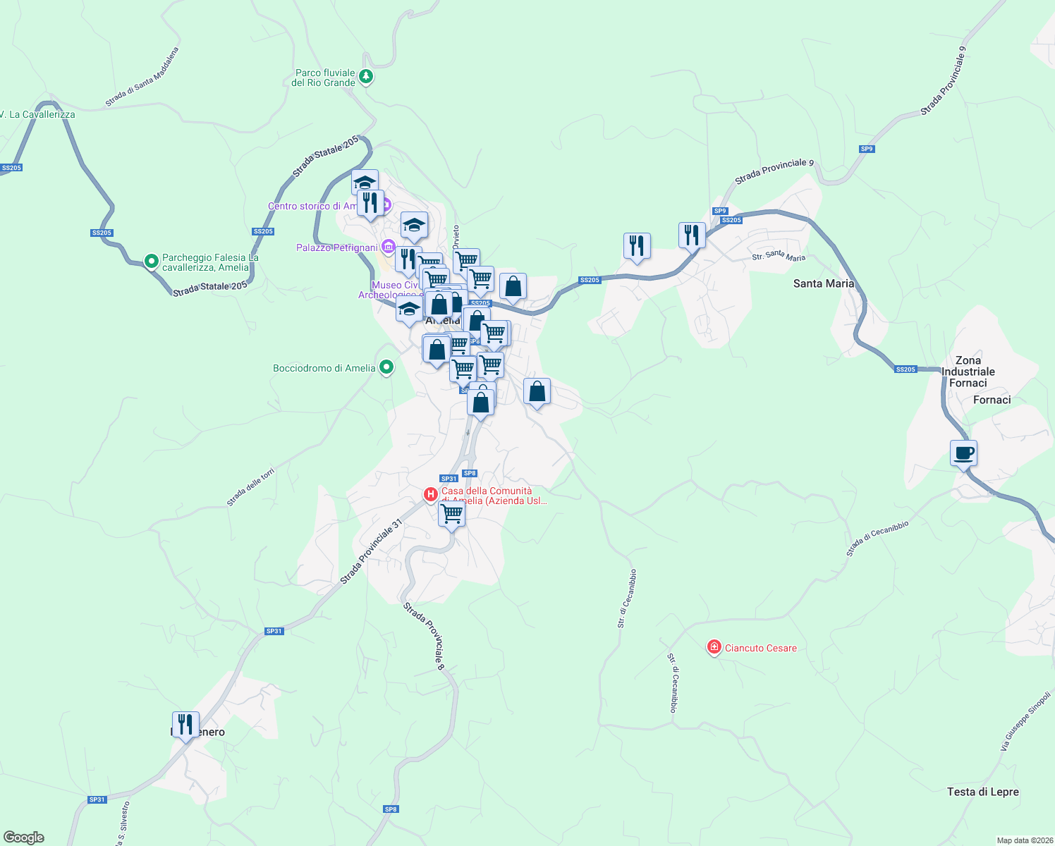 map of restaurants, bars, coffee shops, grocery stores, and more near 28 Strada di Cecanibbio in Amelia