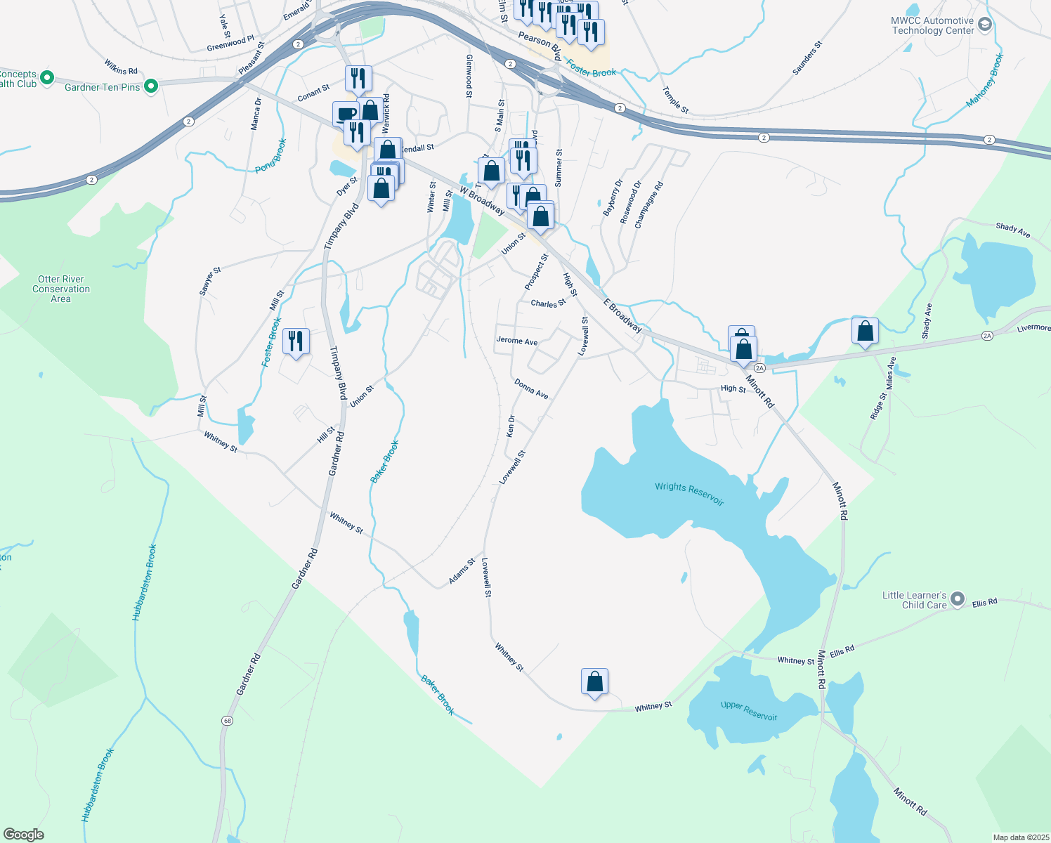 map of restaurants, bars, coffee shops, grocery stores, and more near 16 Laurel St in Gardner