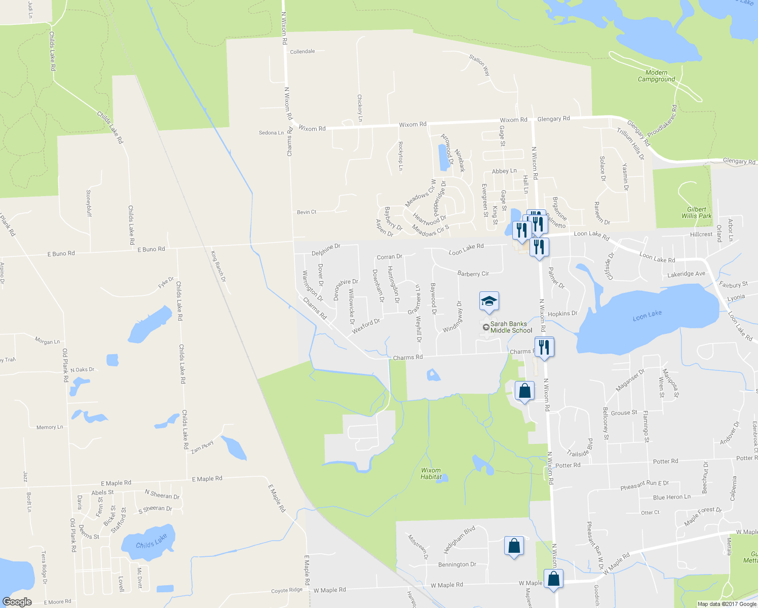 map of restaurants, bars, coffee shops, grocery stores, and more near 1875 Downham Drive in Wixom