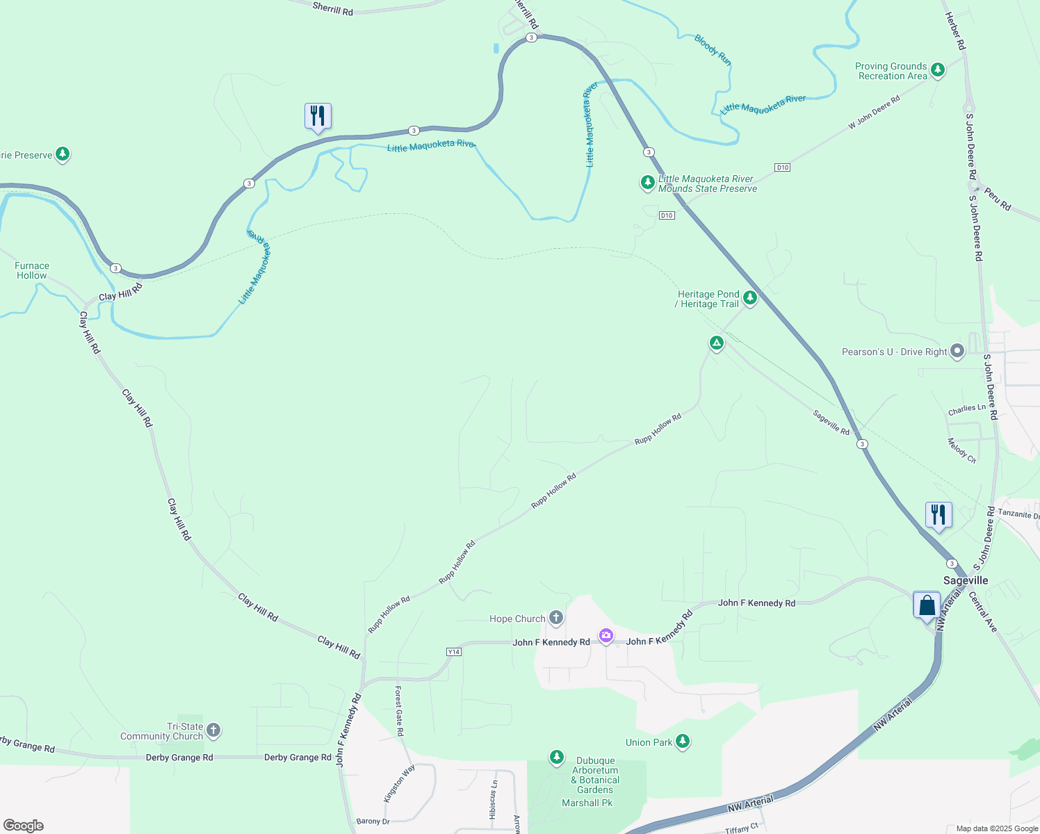 map of restaurants, bars, coffee shops, grocery stores, and more near 17332 Ballymore Ln in Dubuque