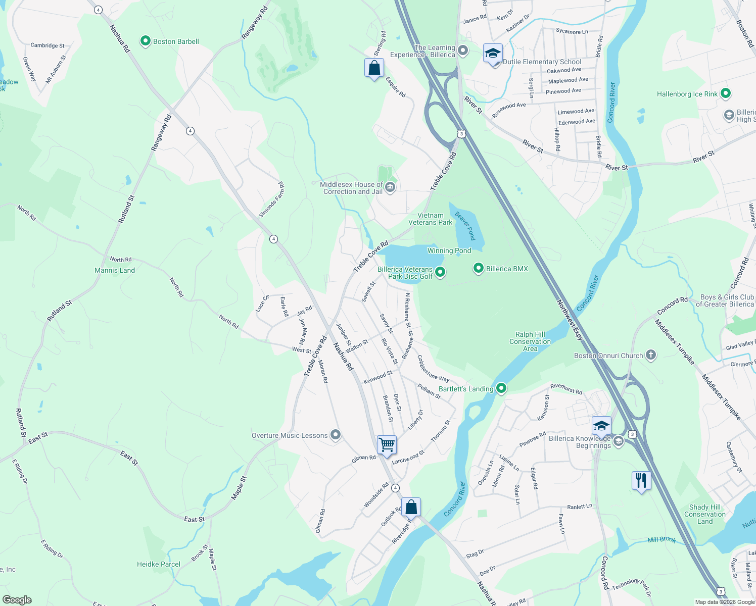 map of restaurants, bars, coffee shops, grocery stores, and more near 8 Savoy Street in Billerica