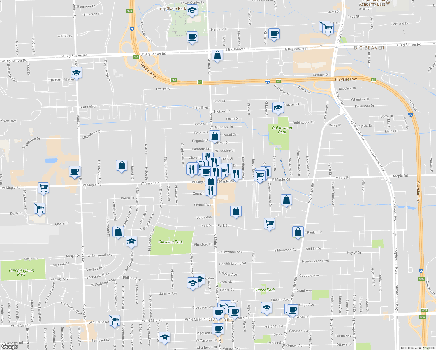 map of restaurants, bars, coffee shops, grocery stores, and more near 26 Chopin Street in Troy