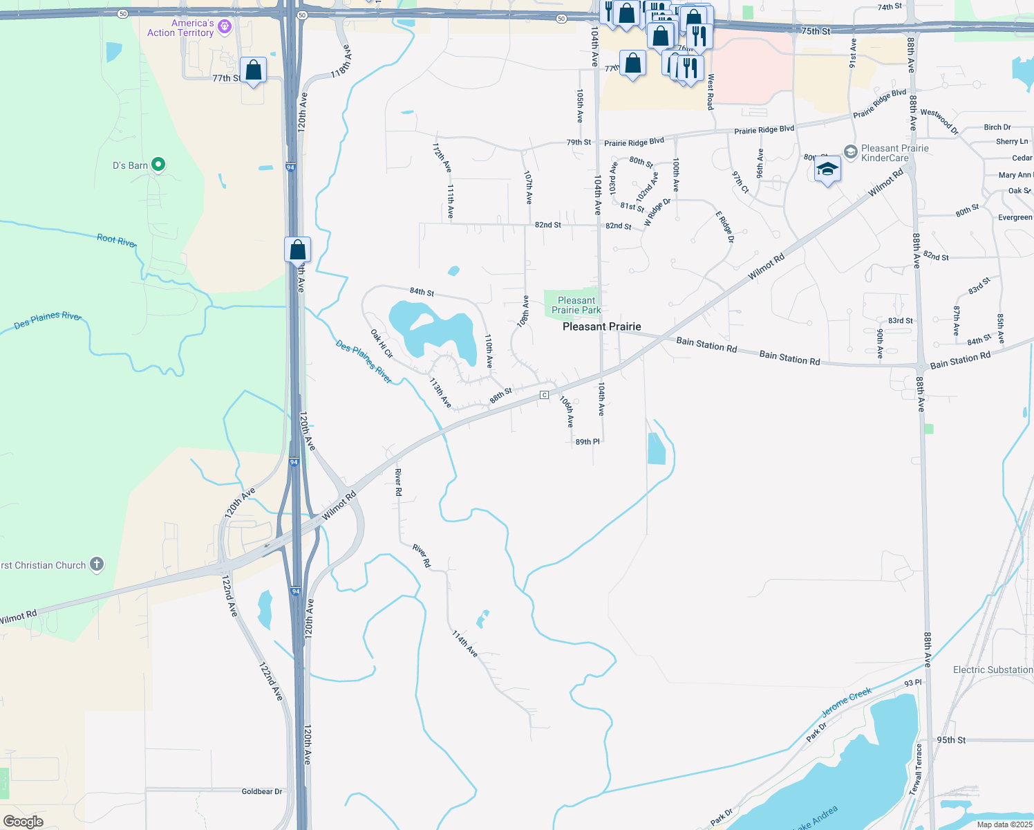 map of restaurants, bars, coffee shops, grocery stores, and more near 10811 Wilmot Road in Pleasant Prairie