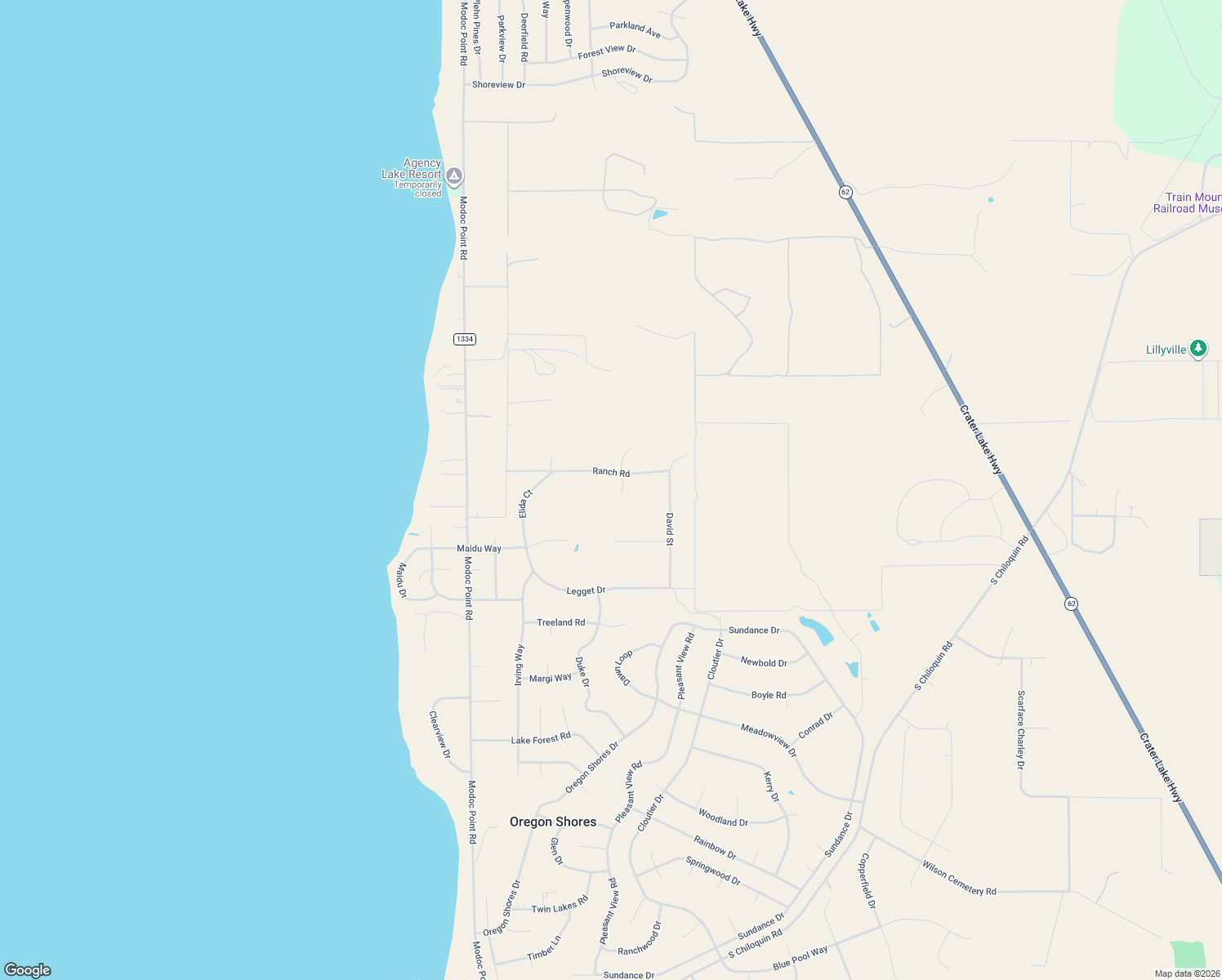 map of restaurants, bars, coffee shops, grocery stores, and more near 2938 Ranch Rd in Chiloquin