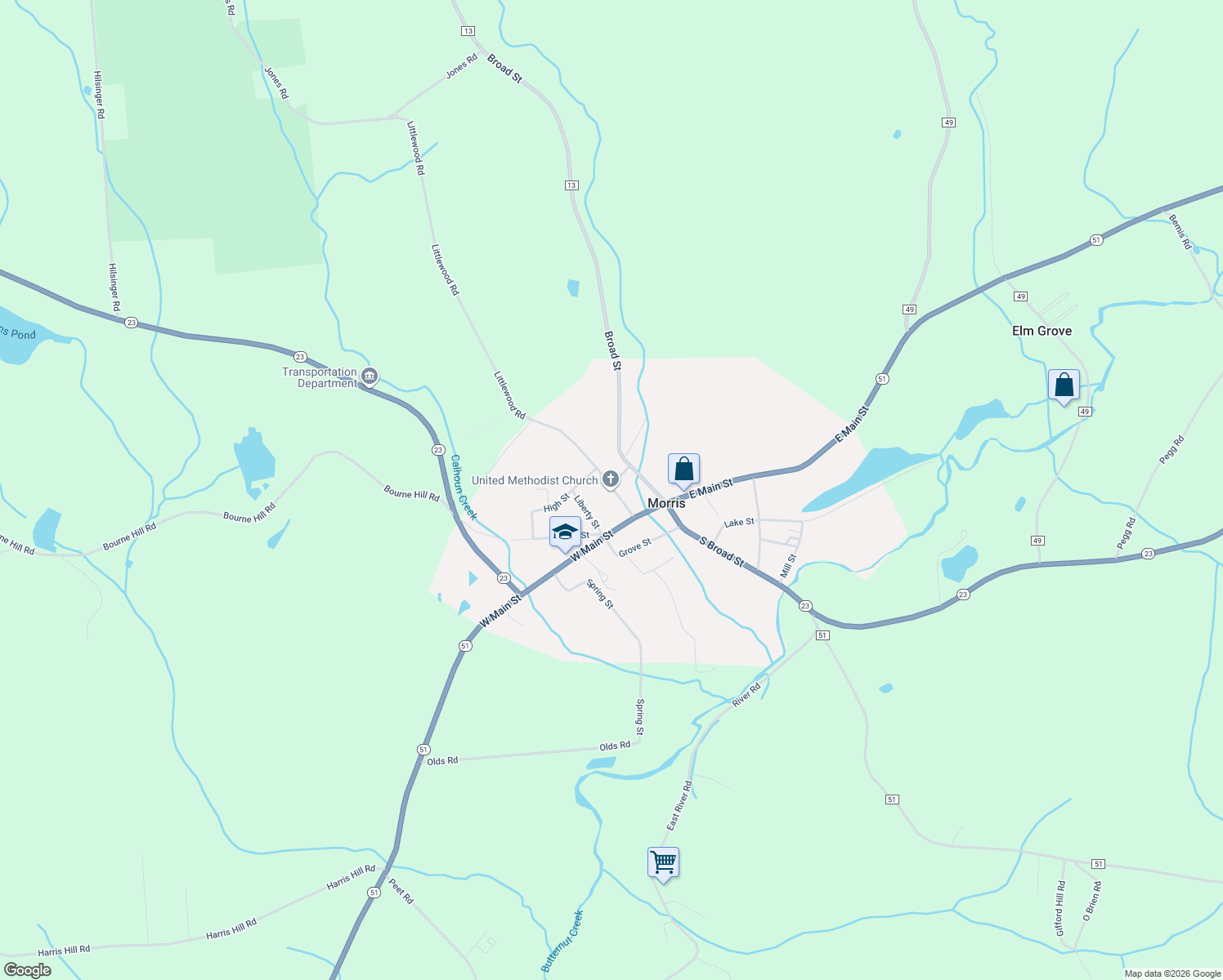 map of restaurants, bars, coffee shops, grocery stores, and more near 17 Church St in Morris