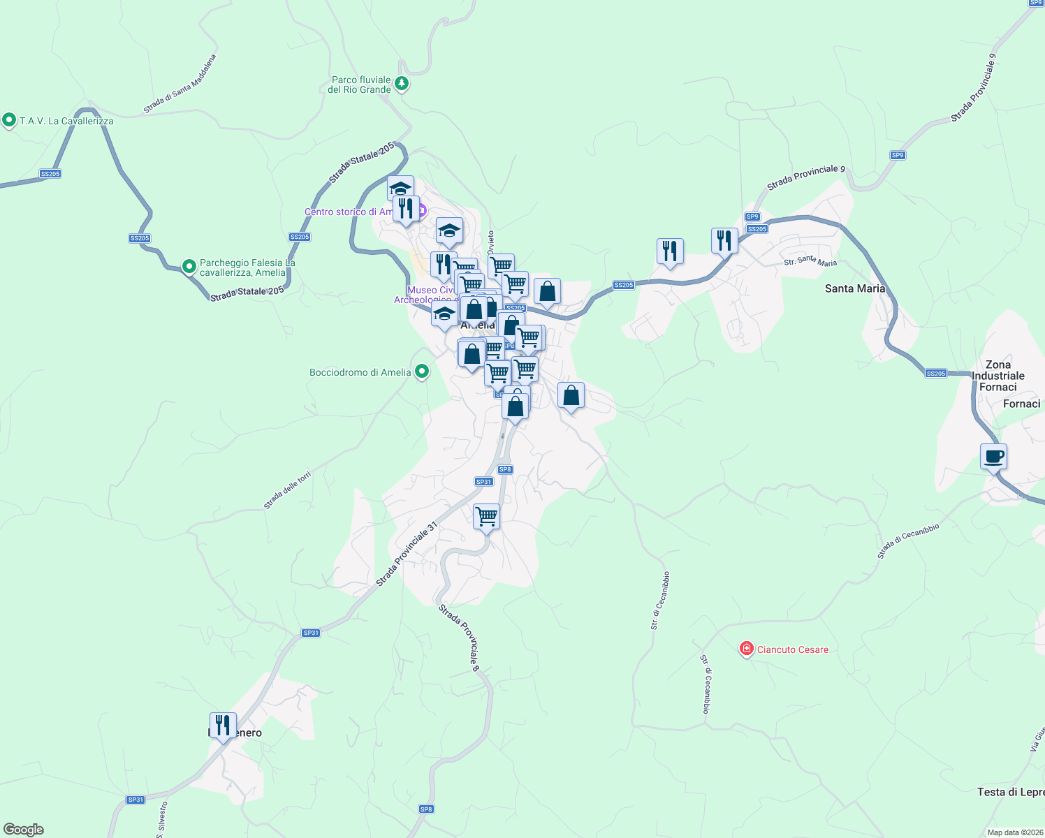 map of restaurants, bars, coffee shops, grocery stores, and more near 113 Via Europa in Amelia