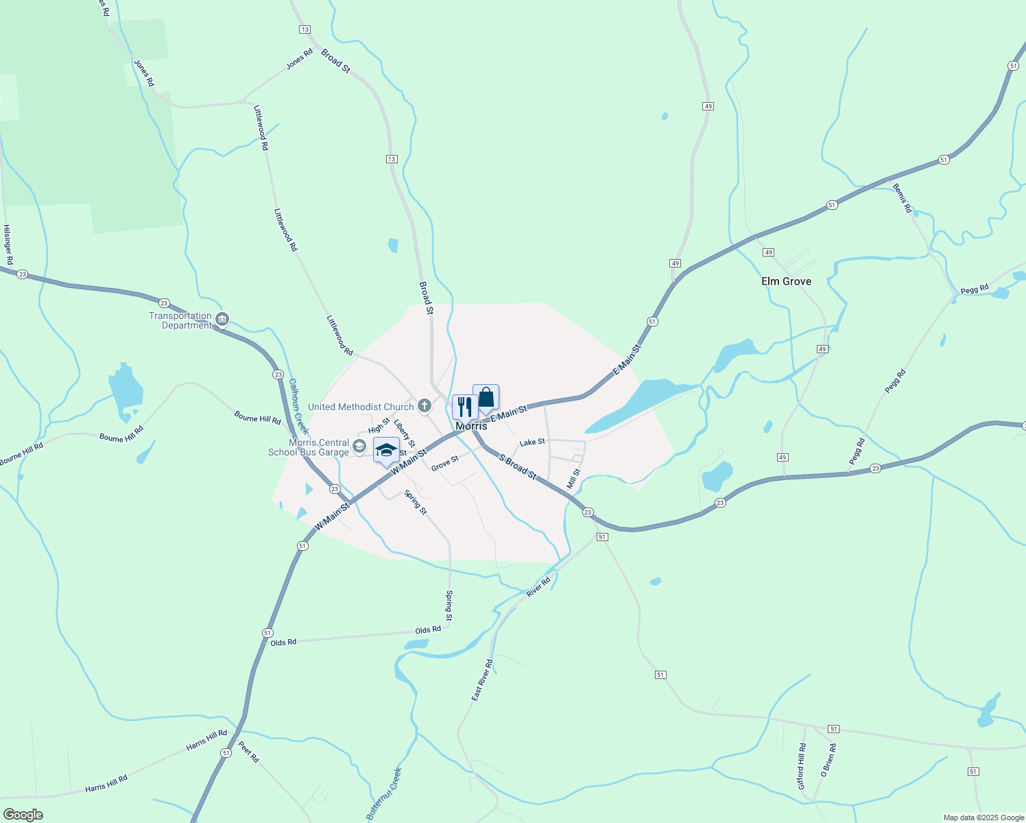 map of restaurants, bars, coffee shops, grocery stores, and more near 16 East Main Street in Morris