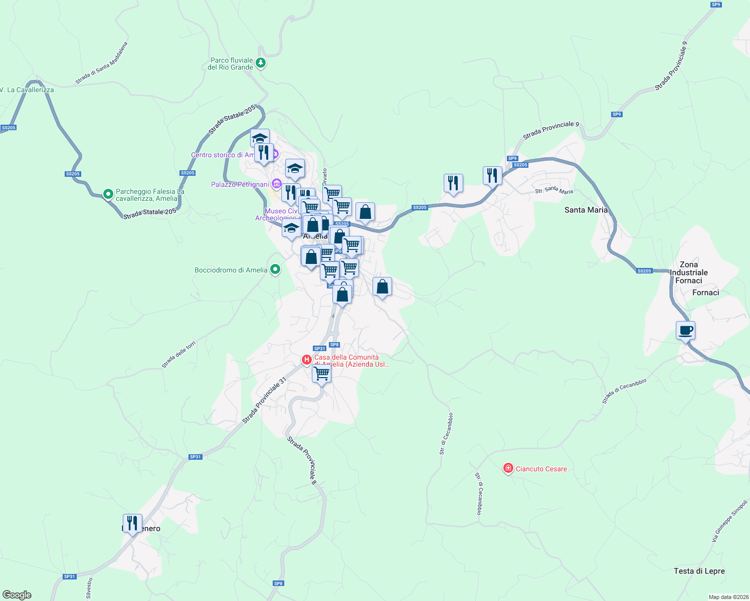 map of restaurants, bars, coffee shops, grocery stores, and more near 28 Strada di Cecanibbio in Amelia