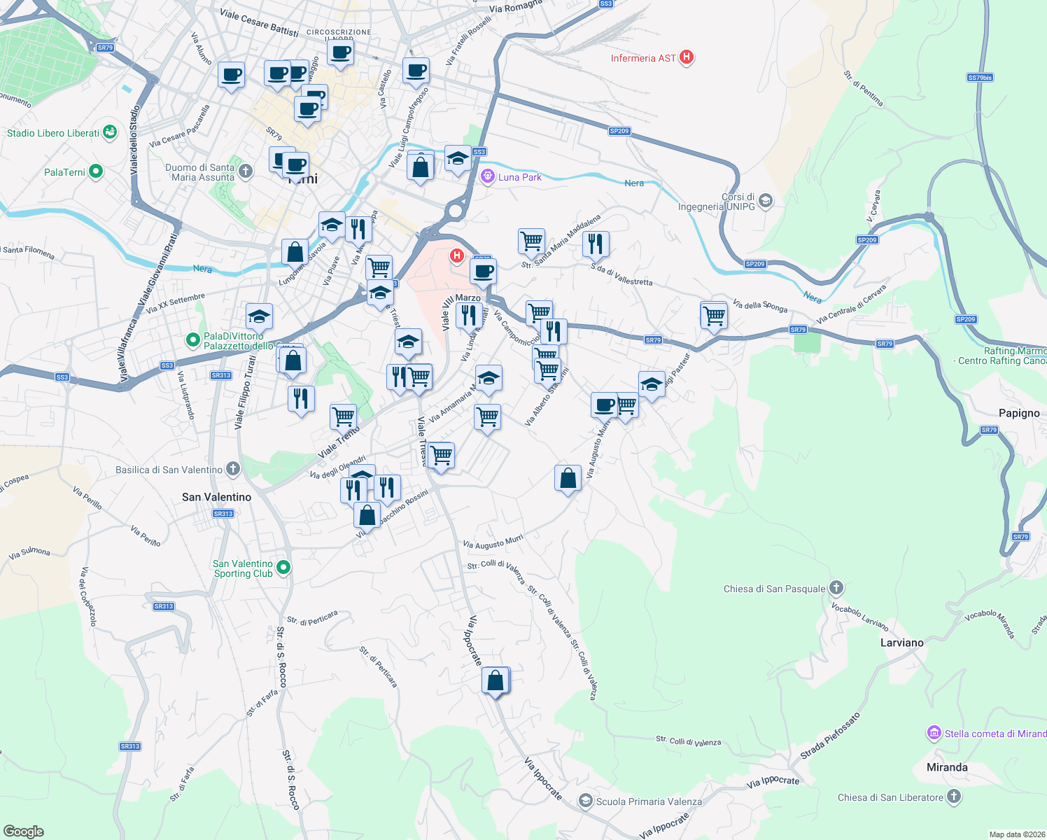 map of restaurants, bars, coffee shops, grocery stores, and more near 48 Via Alberto Staderini in Terni
