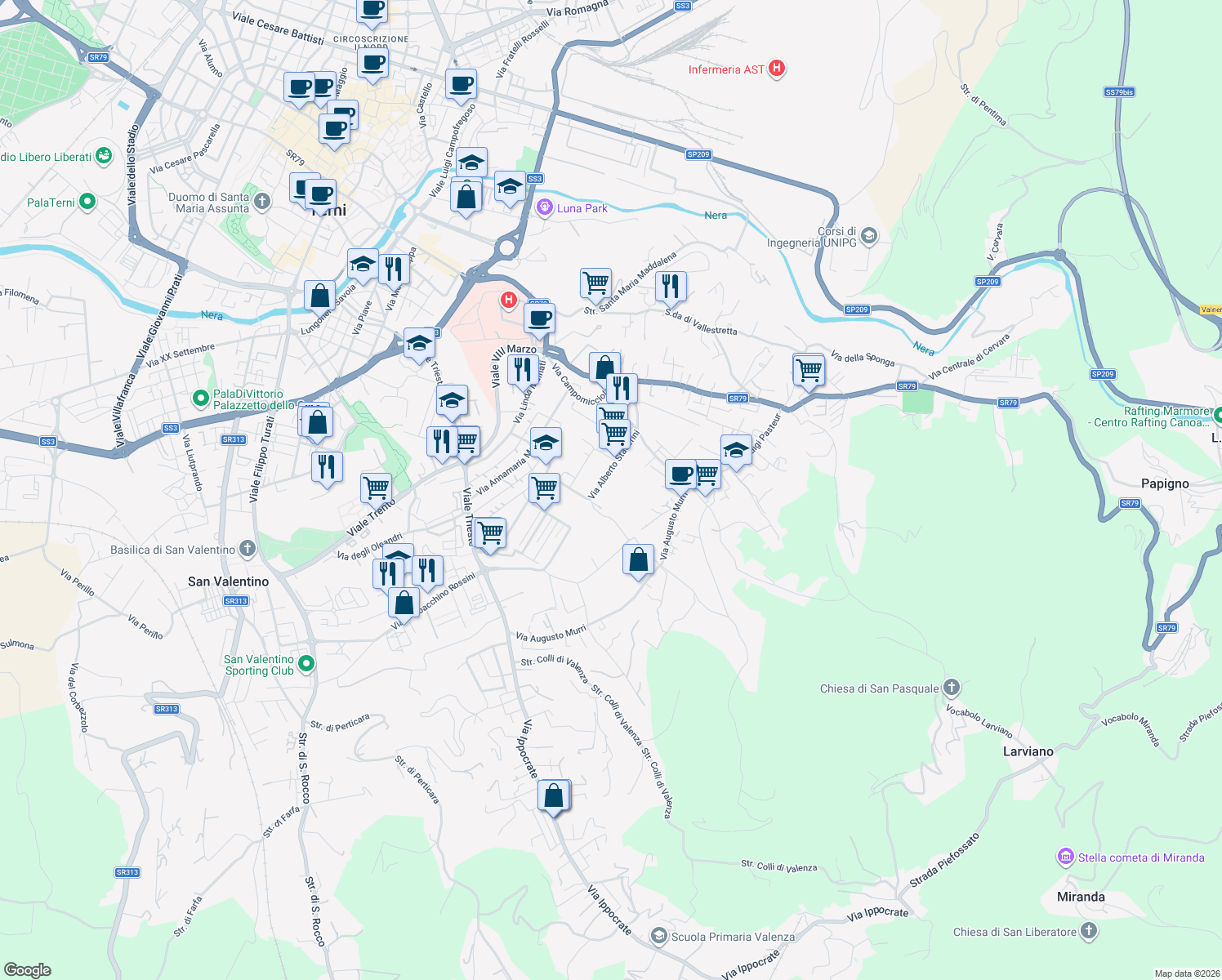 map of restaurants, bars, coffee shops, grocery stores, and more near 48 Via Alberto Staderini in Terni