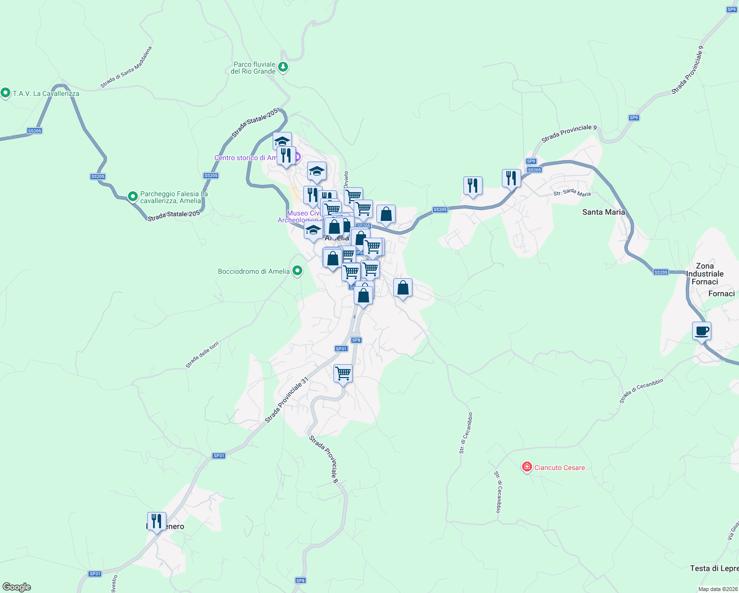map of restaurants, bars, coffee shops, grocery stores, and more near 113 Via Europa in Amelia