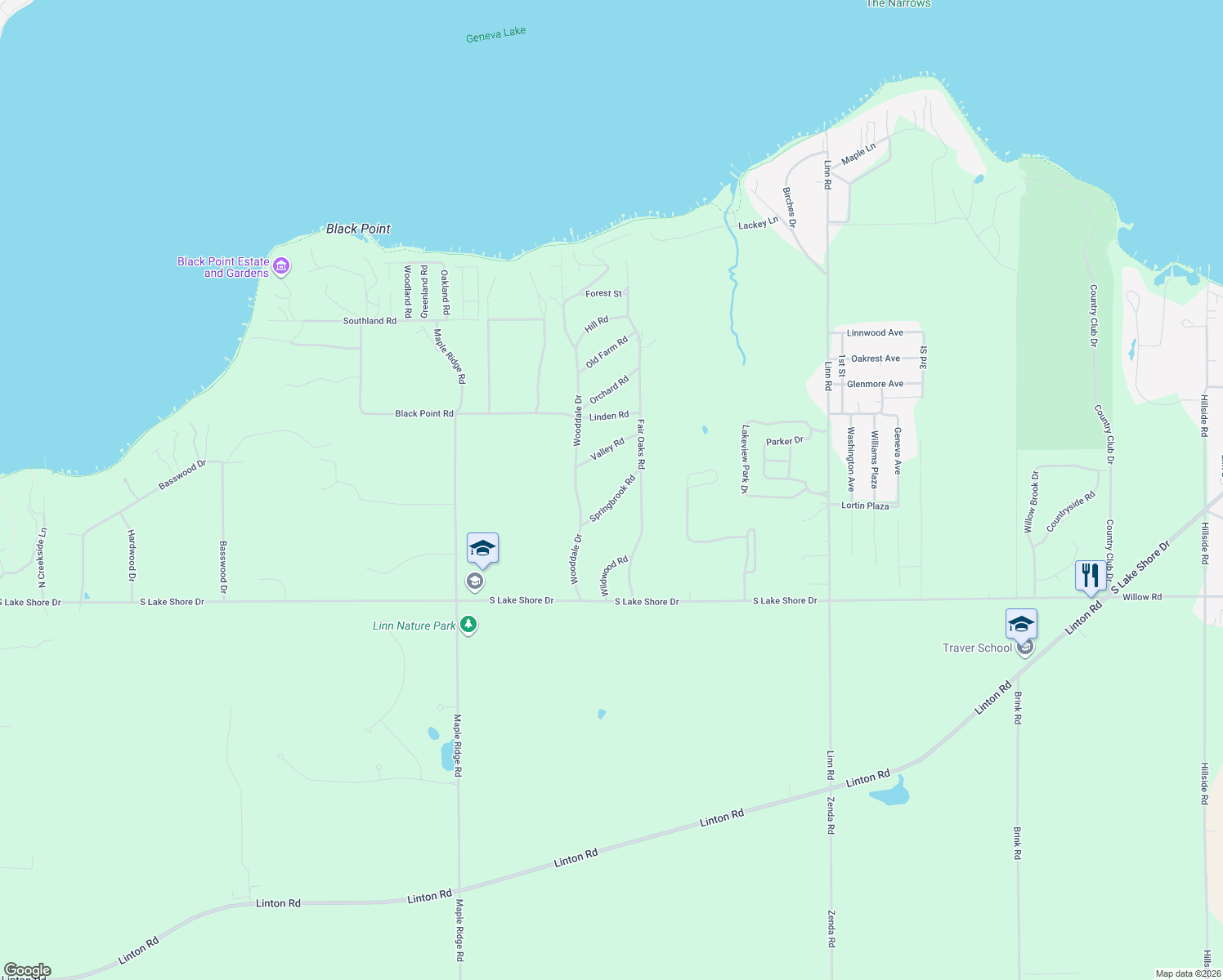 map of restaurants, bars, coffee shops, grocery stores, and more near W3926 Springbrook Road in Lake Geneva