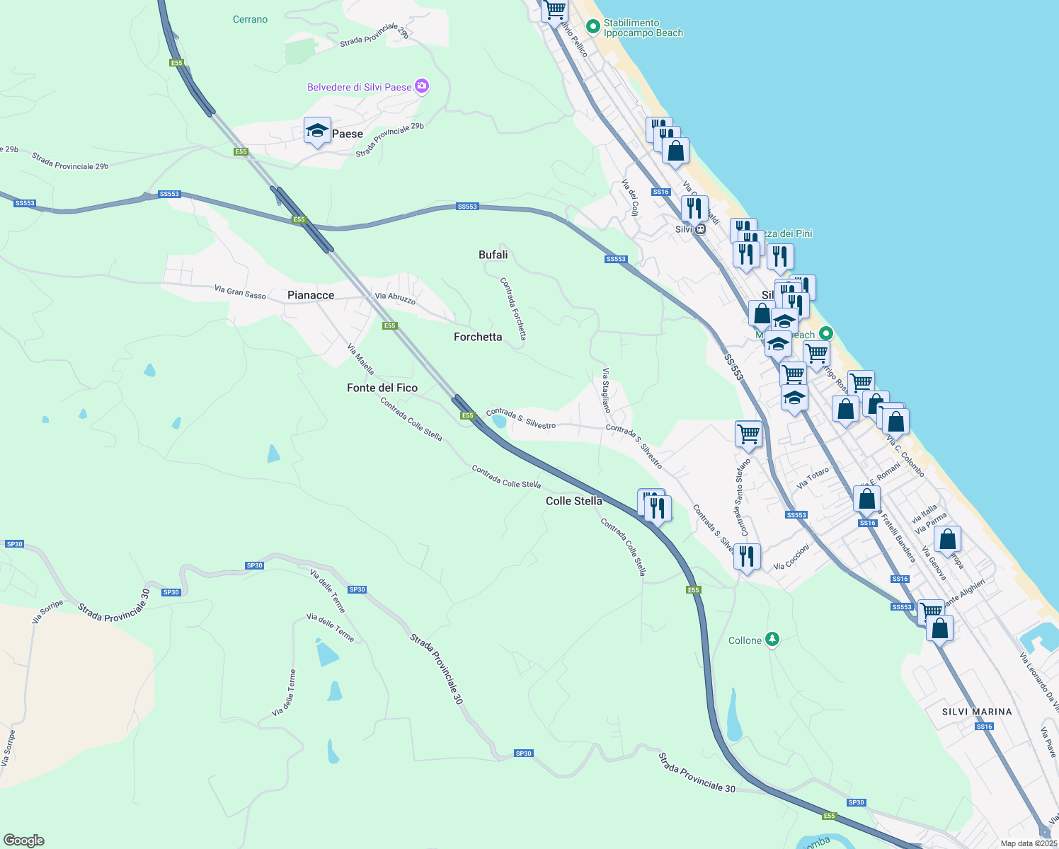 map of restaurants, bars, coffee shops, grocery stores, and more near 142 Contrada San Silvestro in Silvi