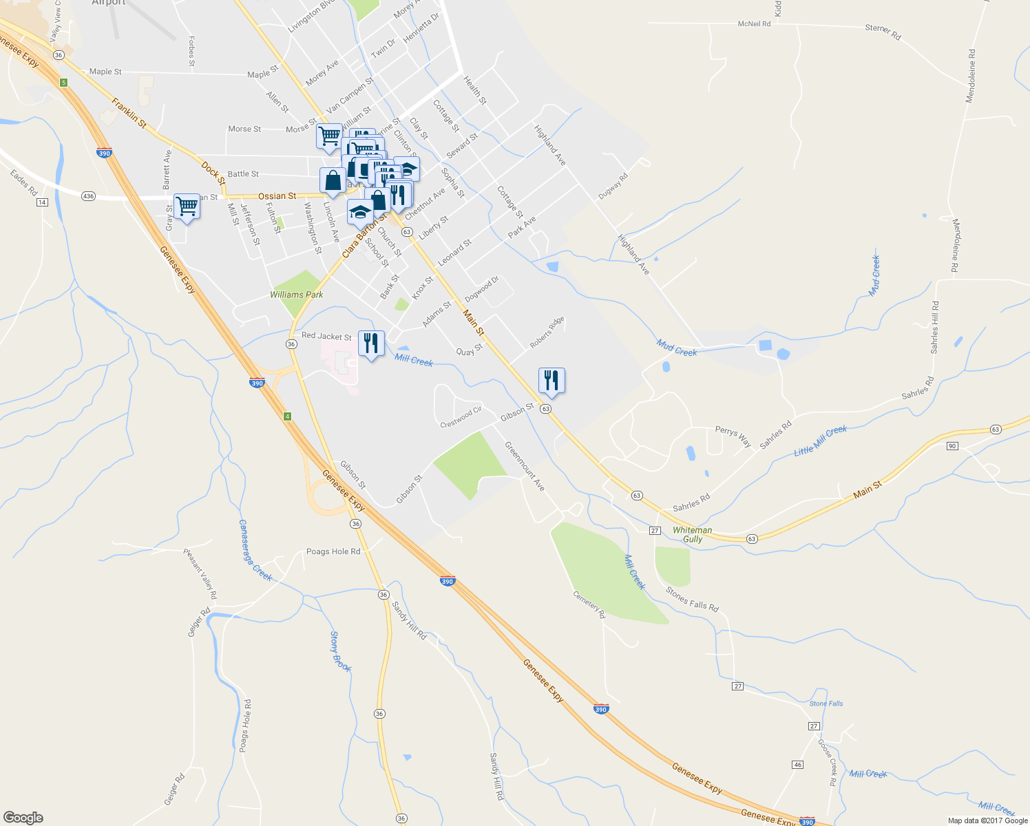 map of restaurants, bars, coffee shops, grocery stores, and more near 0 Gibson Street in Dansville