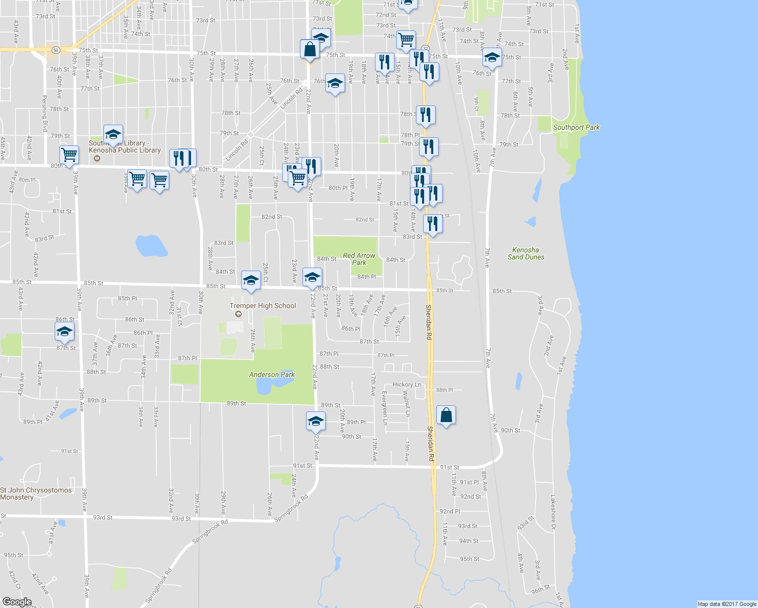 map of restaurants, bars, coffee shops, grocery stores, and more near 8528 17th Avenue in Kenosha