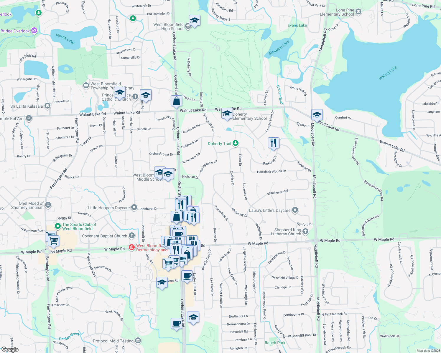 map of restaurants, bars, coffee shops, grocery stores, and more near 5916 Saint James Drive in West Bloomfield Township