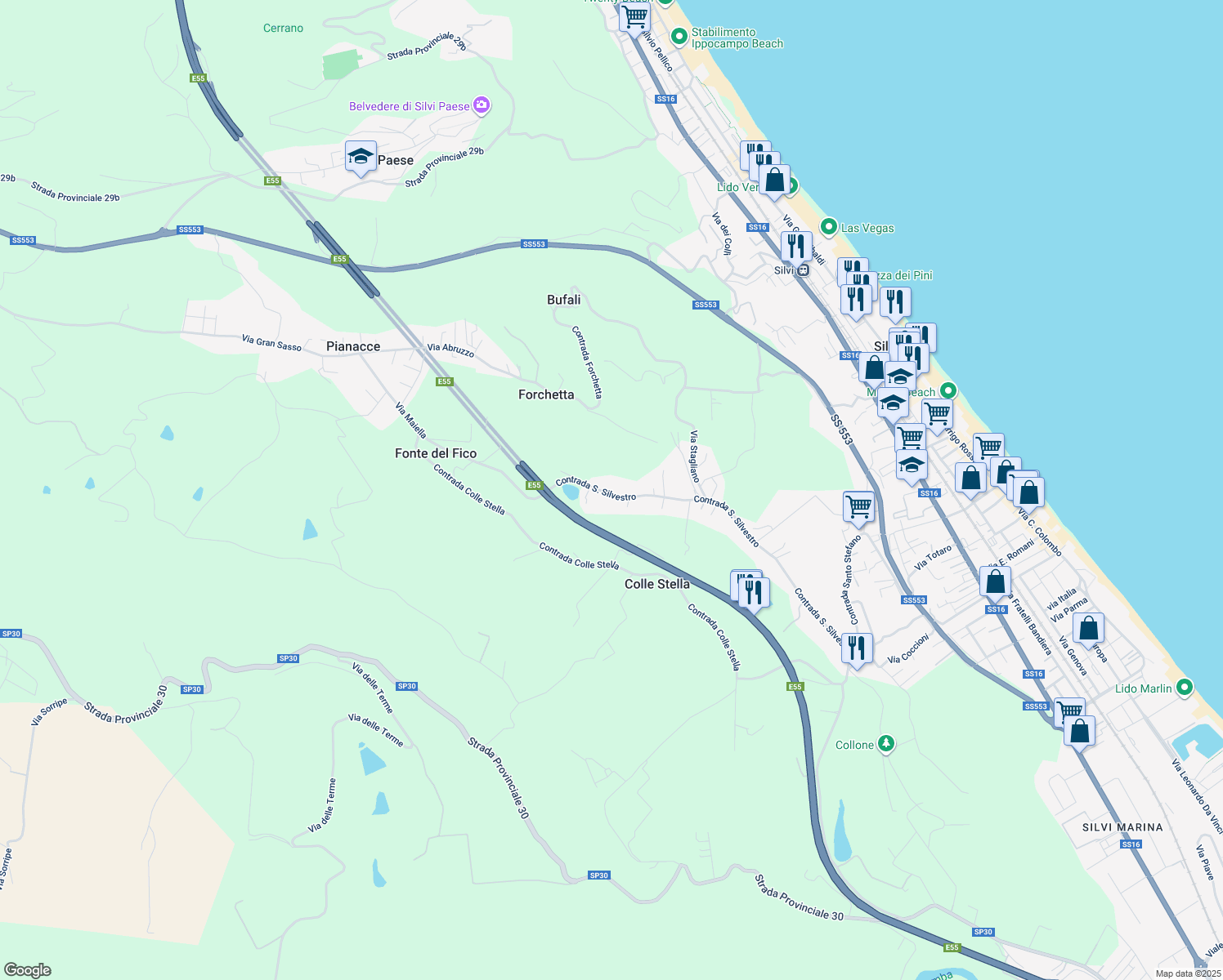 map of restaurants, bars, coffee shops, grocery stores, and more near 142 Contrada San Silvestro in Silvi