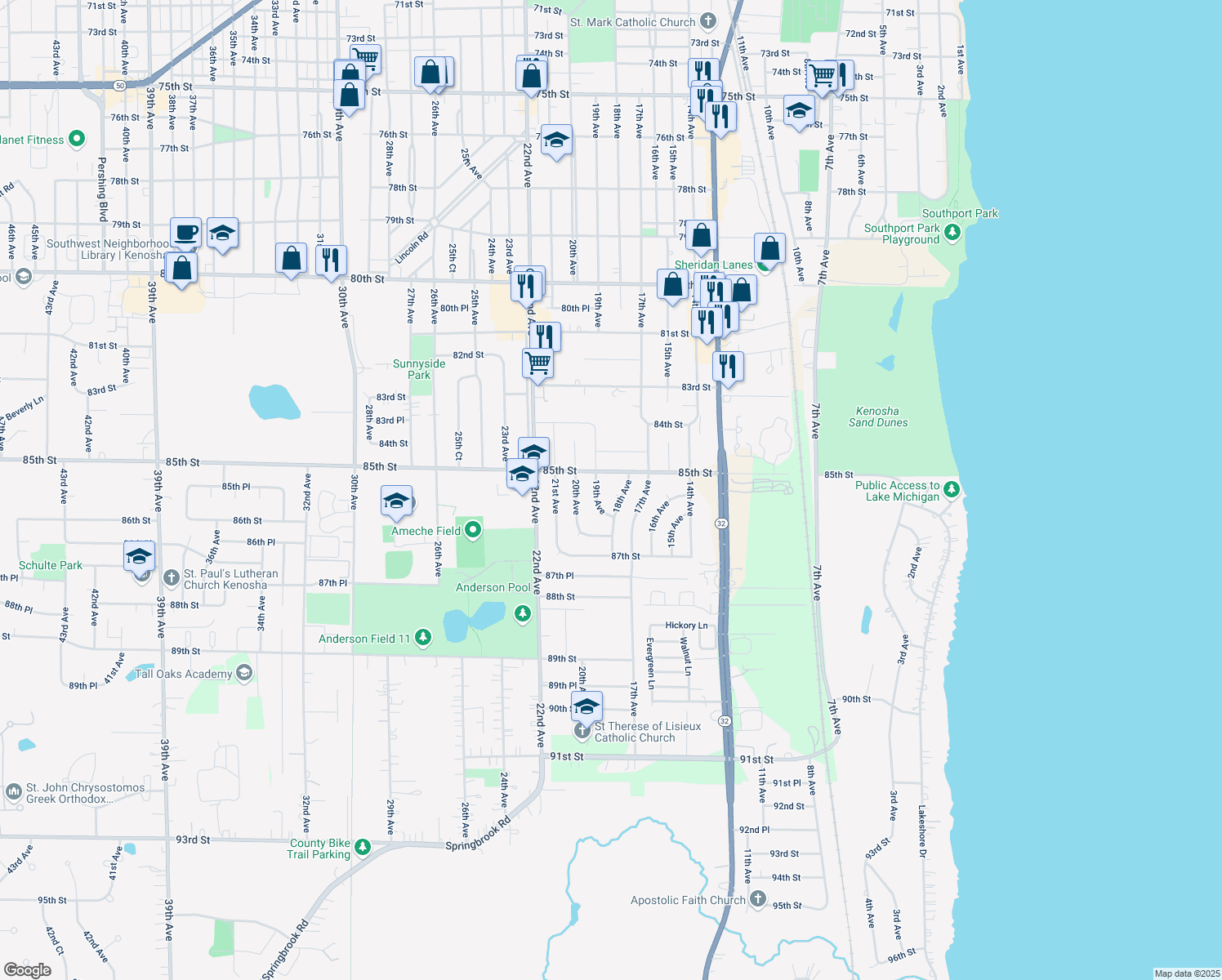 map of restaurants, bars, coffee shops, grocery stores, and more near 8530 18th Avenue in Kenosha