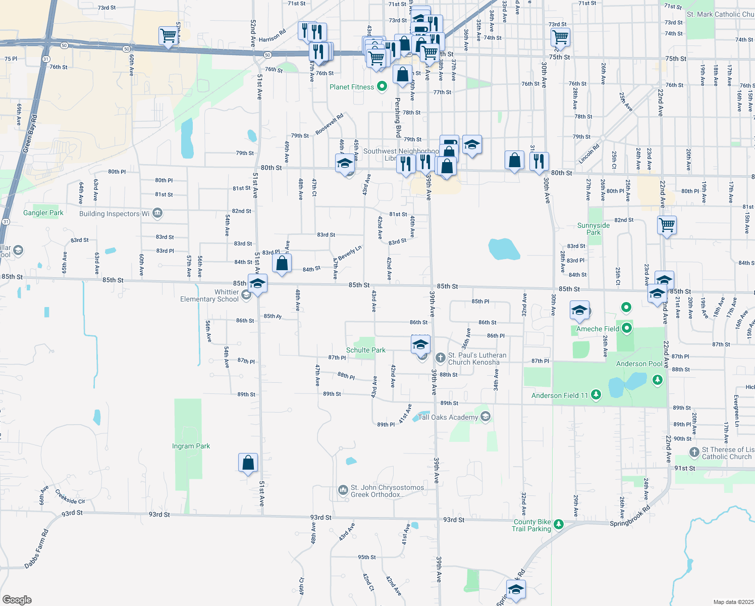 map of restaurants, bars, coffee shops, grocery stores, and more near 8533 43rd Avenue in Kenosha