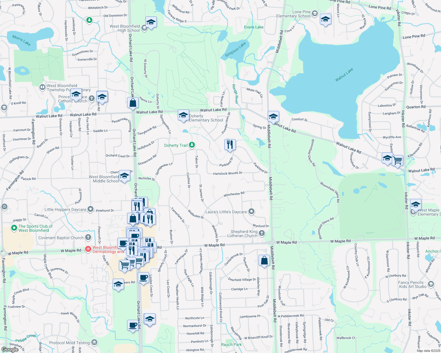 map of restaurants, bars, coffee shops, grocery stores, and more near 3225 Hartslock Woods Dr in West Bloomfield Township