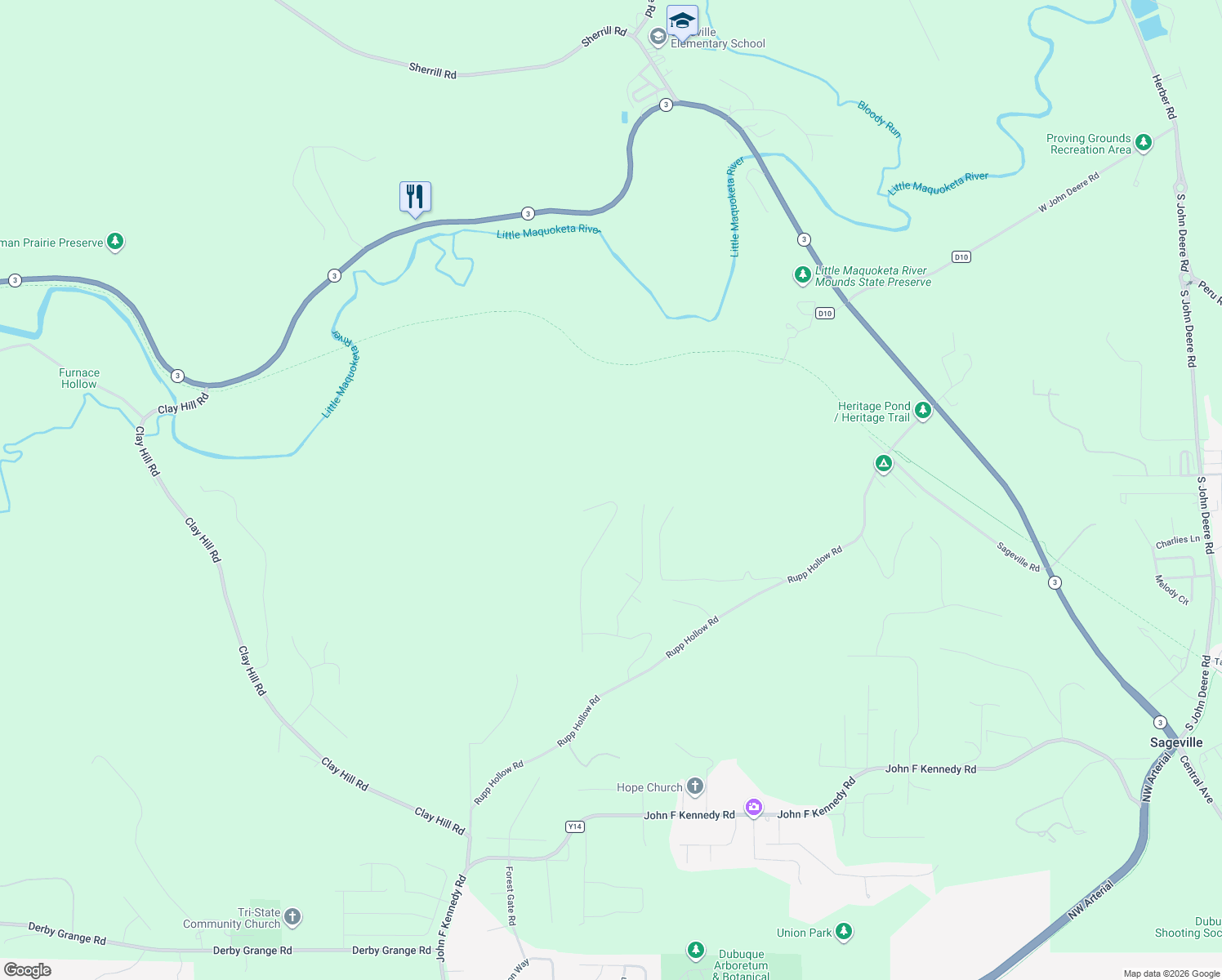 map of restaurants, bars, coffee shops, grocery stores, and more near 17425 Castlemaine Lane in Dubuque