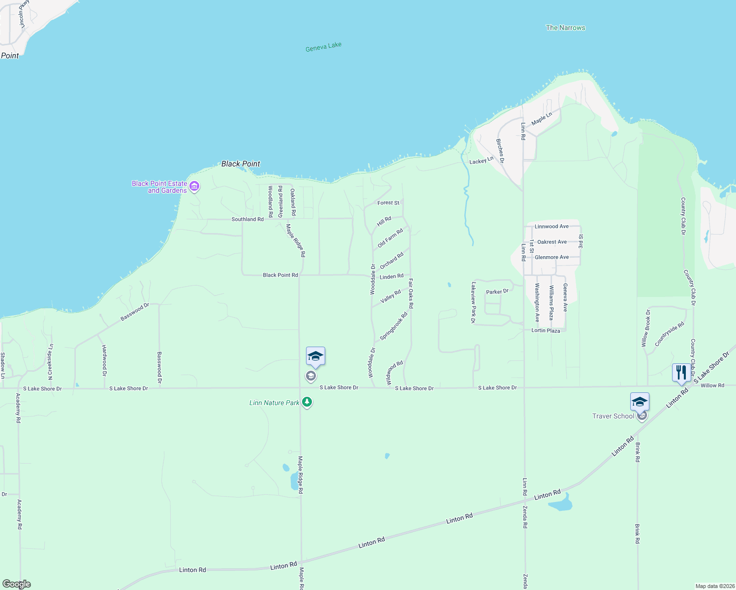 map of restaurants, bars, coffee shops, grocery stores, and more near N1665 Wooddale Drive in Lake Geneva