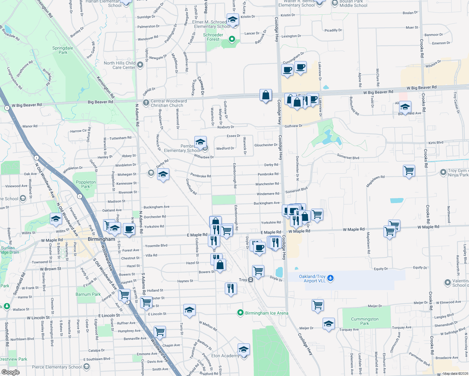 map of restaurants, bars, coffee shops, grocery stores, and more near 2282 Manchester Road in Birmingham