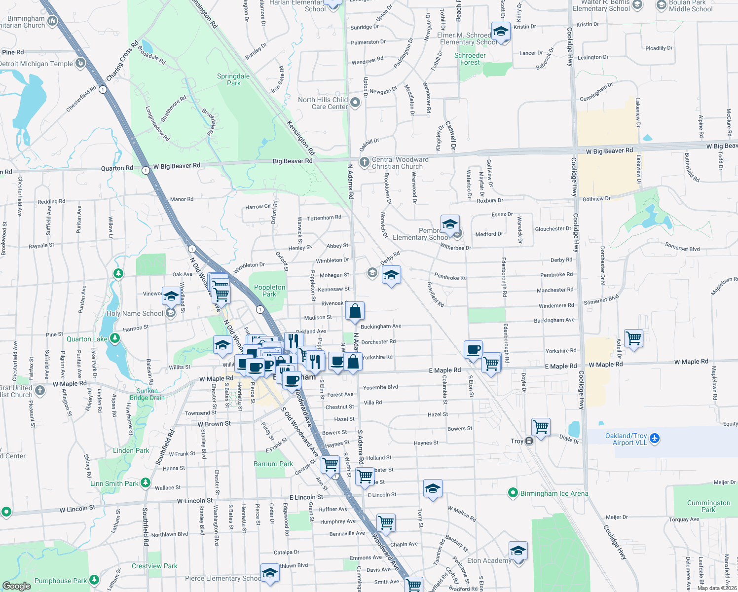 map of restaurants, bars, coffee shops, grocery stores, and more near 1215 Manchester Road in Birmingham