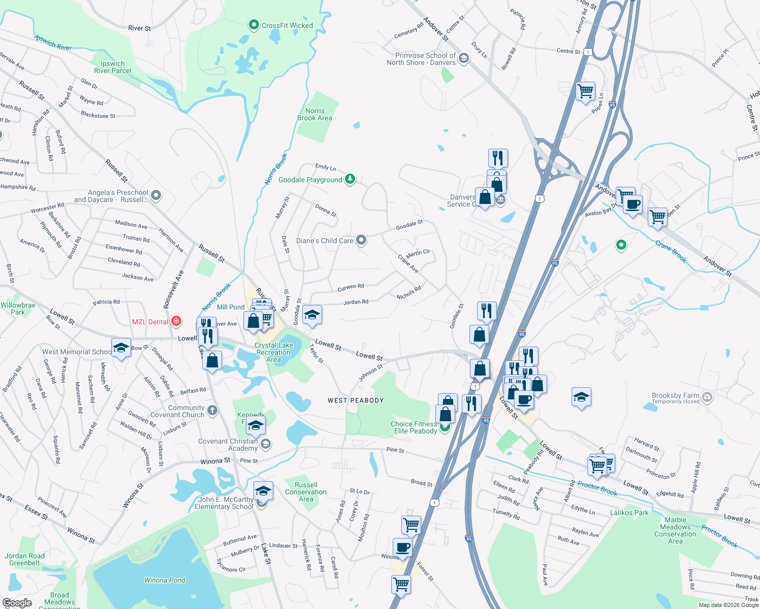 map of restaurants, bars, coffee shops, grocery stores, and more near 29 Jordan Road in Peabody